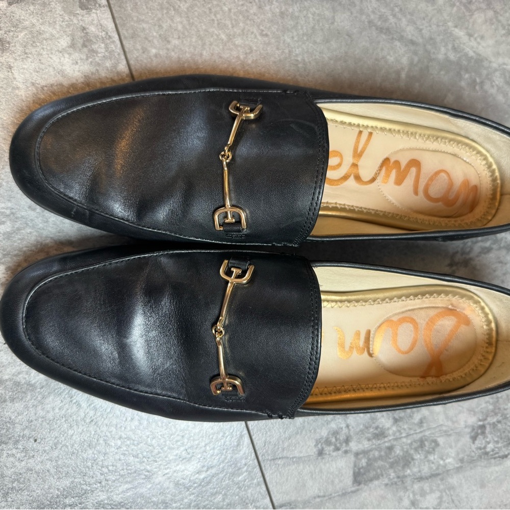 Sam Edelman Black Leather Loafers with Gold Horsebit